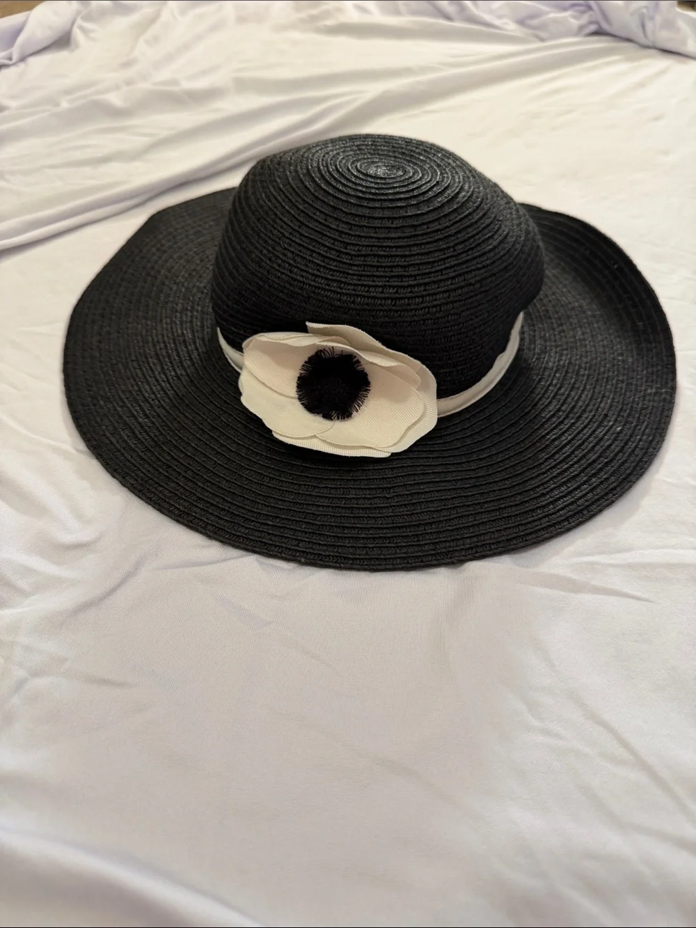 Janie and Jack Black Wide-Brim Sun Hat with Cream Flower